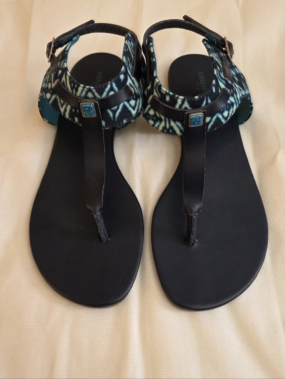 NWOT Christian Siriano For Payless Women's Blue Patterned T-Strap Sandals Size 9